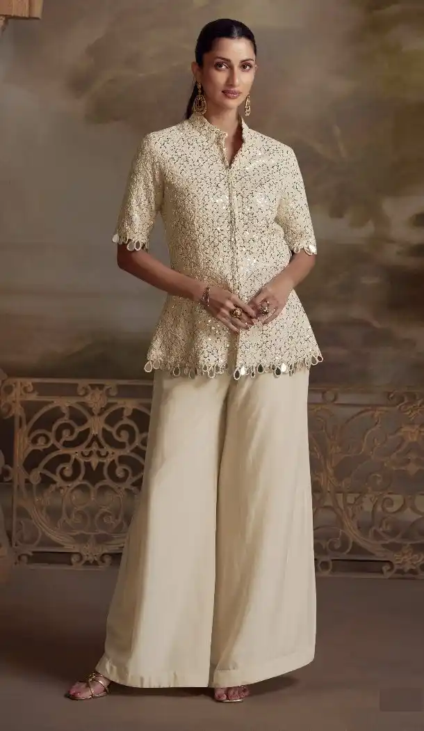 Cream Georgette Zari Embroidery Palazzo Suit - 215534