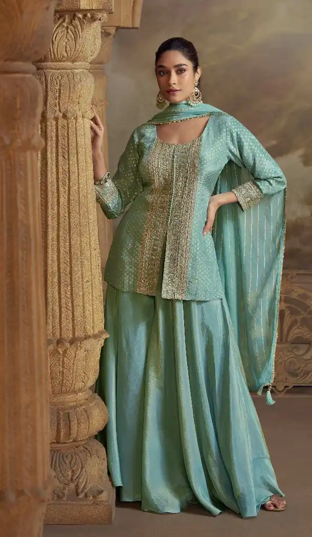 Sky Blue Viscose Zari Embroidery Palazzo Suit - 215535