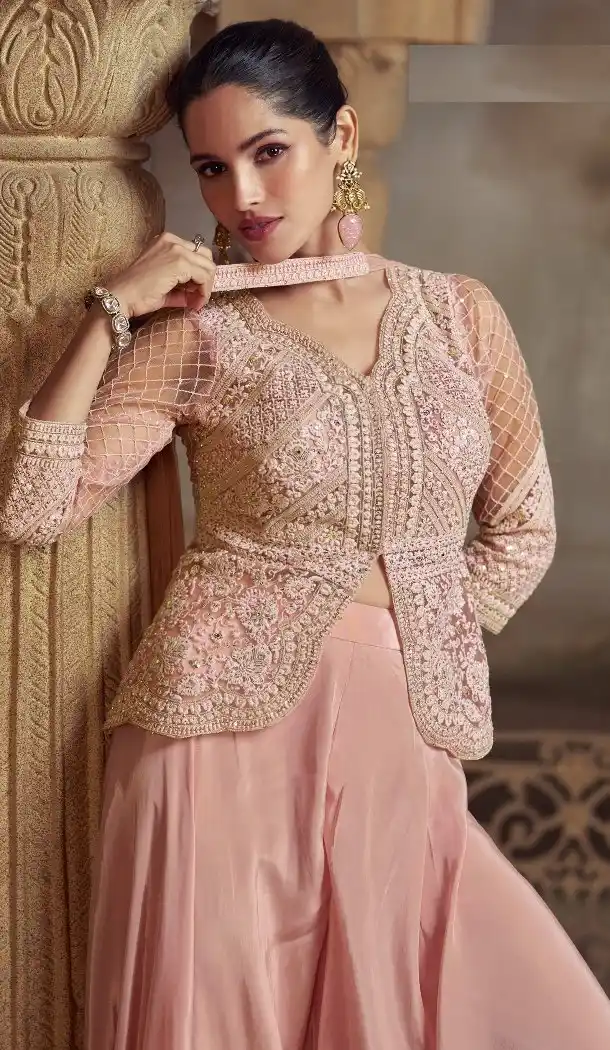 Pink Net Zari Embroidery Palazzo Suit - 215536