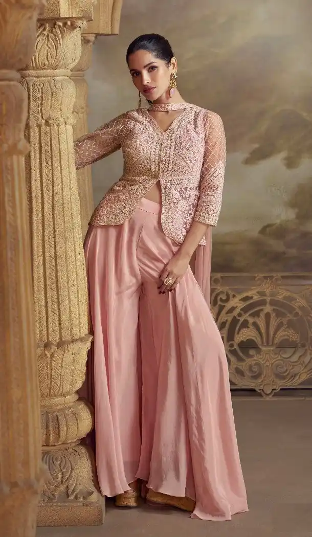 Pink Net Zari Embroidery Palazzo Suit - 215536