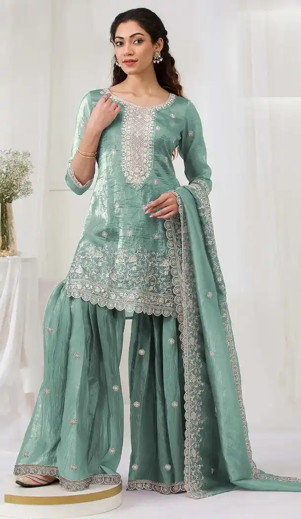 Sky Blue Sharara Suit with Zari Embroidery – 215726