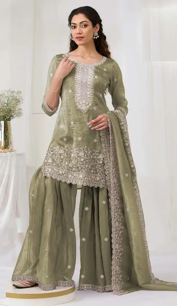 Green Embroidered Sharara Suit in Gold Crush – 215728