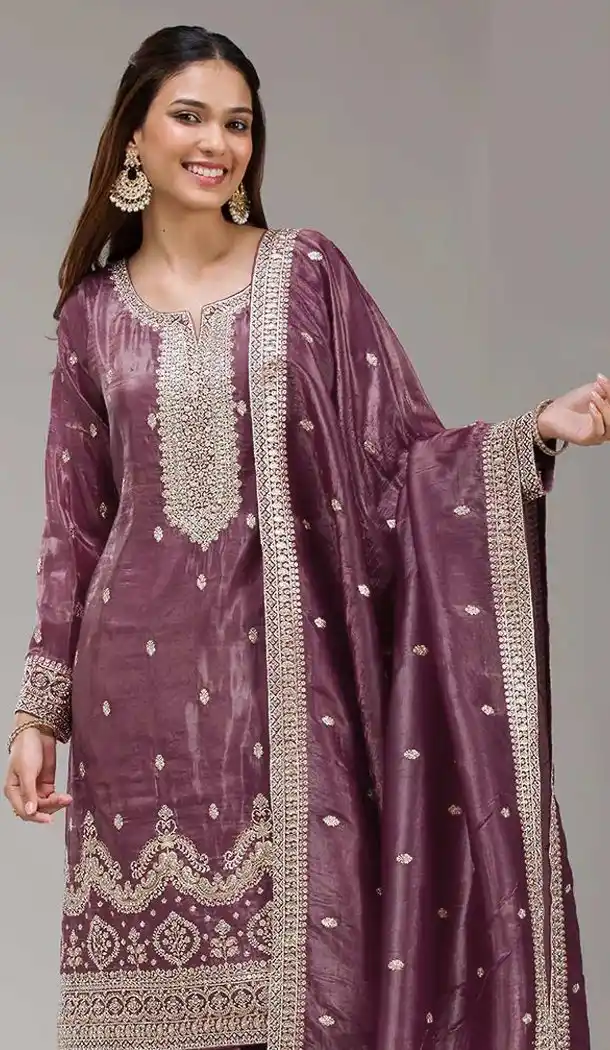 Women Mauve Gold Crush Palazzo Suit 215729