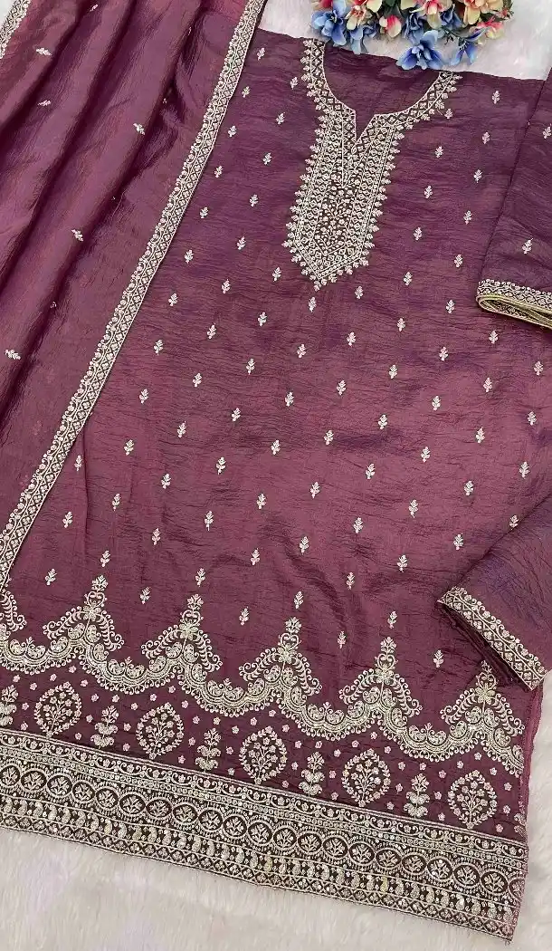 Women Mauve Gold Crush Palazzo Suit 215729