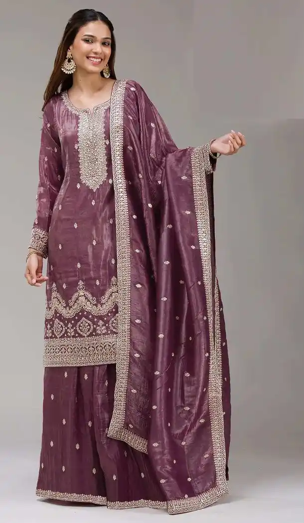 Women Mauve Gold Crush Palazzo Suit 215729