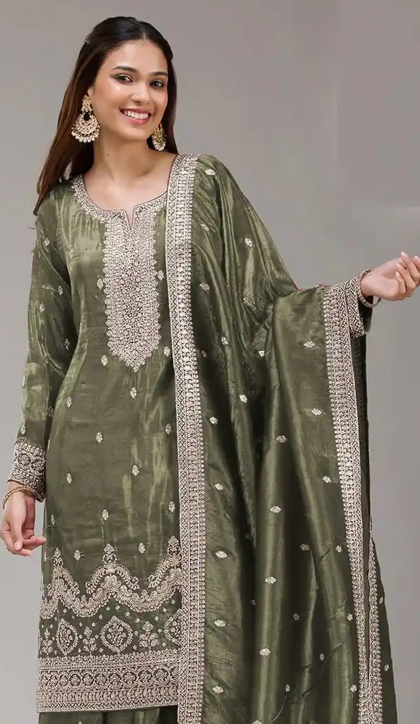 Gold Crush Green Palazzo Suit for Women 215730