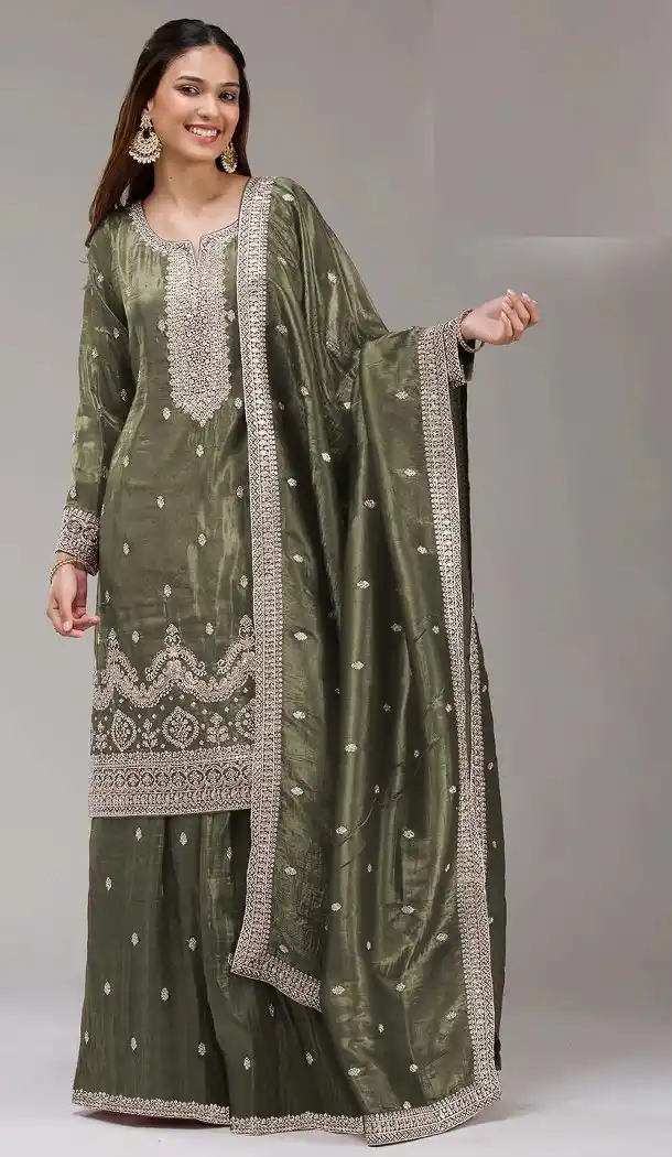 Gold Crush Green Palazzo Suit for Women 215730