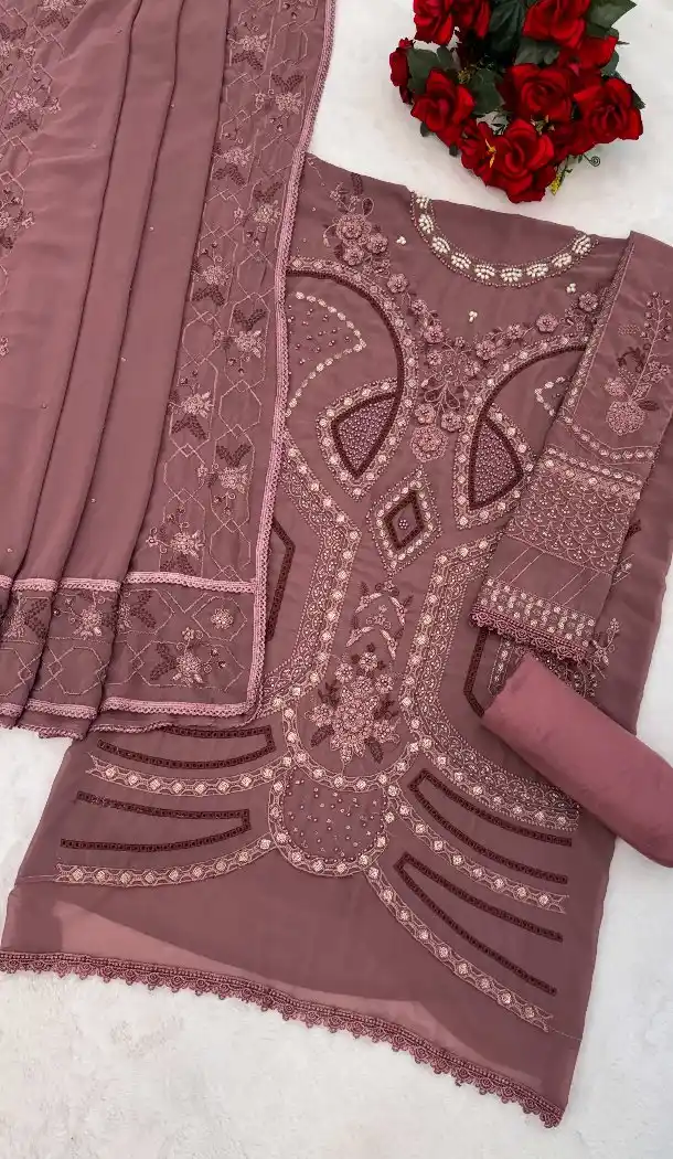 Badami Georgette Pakistani Suit with Embroidery Work - 215834
