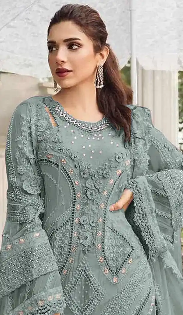 Pista Green Georgette Pakistani Suit with Embroidery Work - 215835
