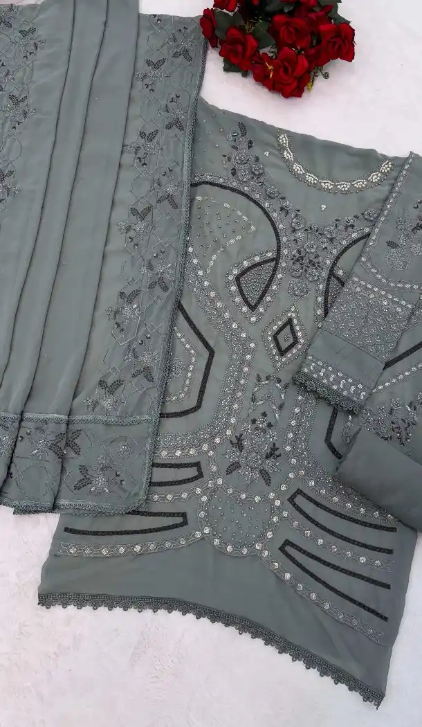 Pista Green Georgette Pakistani Suit with Embroidery Work - 215835