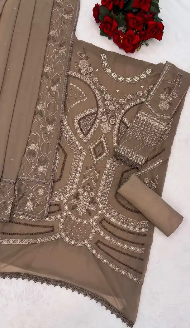 Chiku Georgette Pakistani Suit with Embroidery Work - 215836