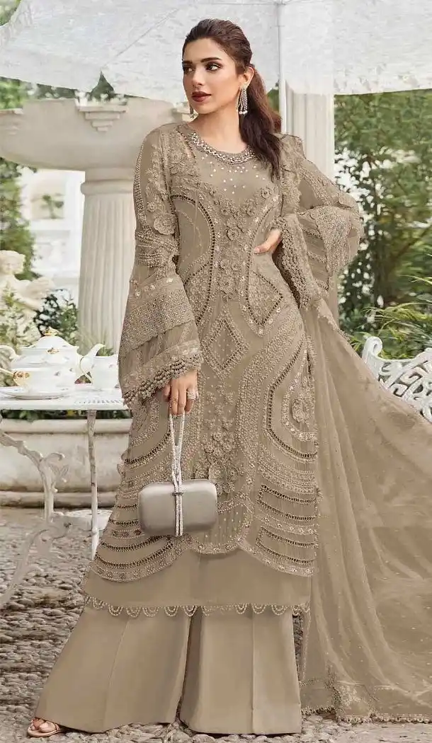 Chiku Georgette Pakistani Suit with Embroidery Work - 215836