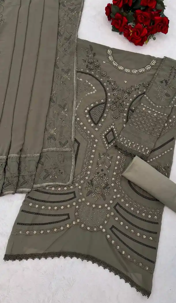 Mehendi Georgette Pakistani Suit with Embroidery Work - 215837