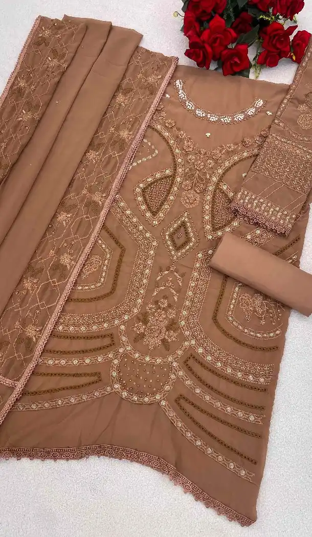 Peach Georgette Pakistani Suit with Embroidery Work - 215838