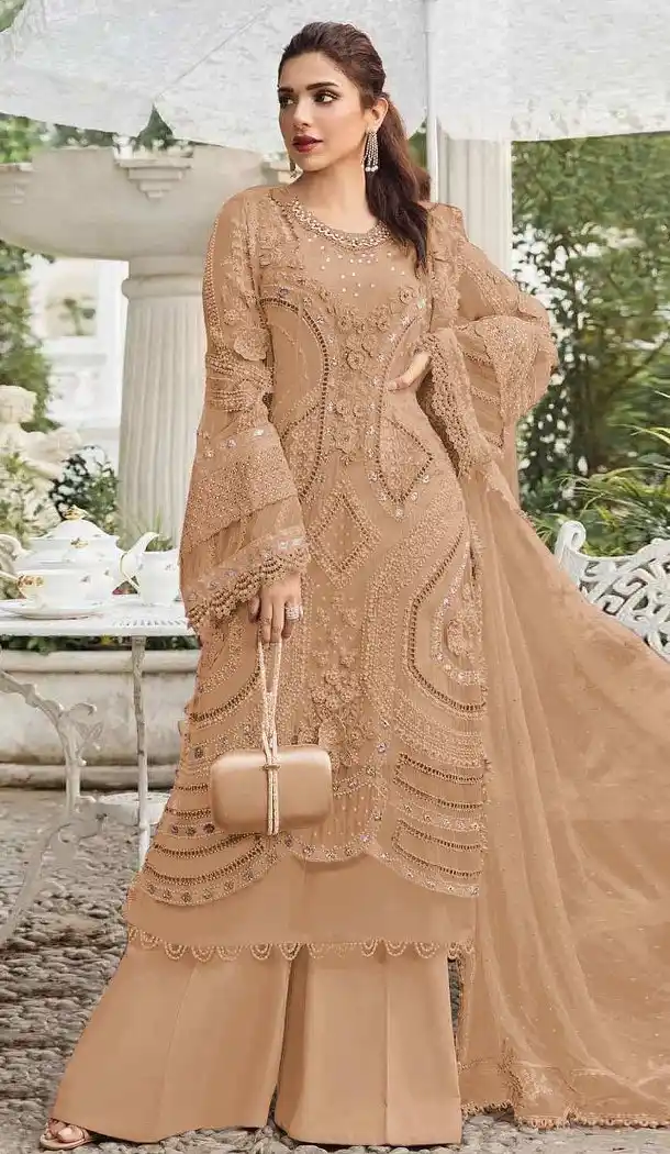 Peach Georgette Pakistani Suit with Embroidery Work - 215838