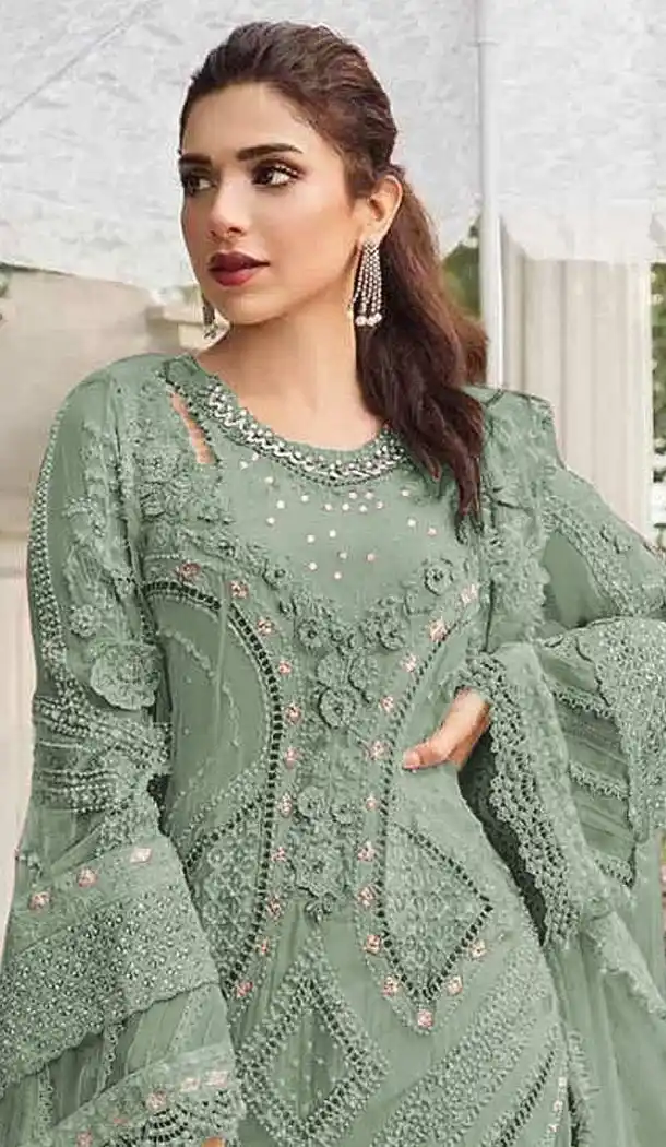 Dark Pista Georgette Pakistani Suit with Embroidery Work - 215839