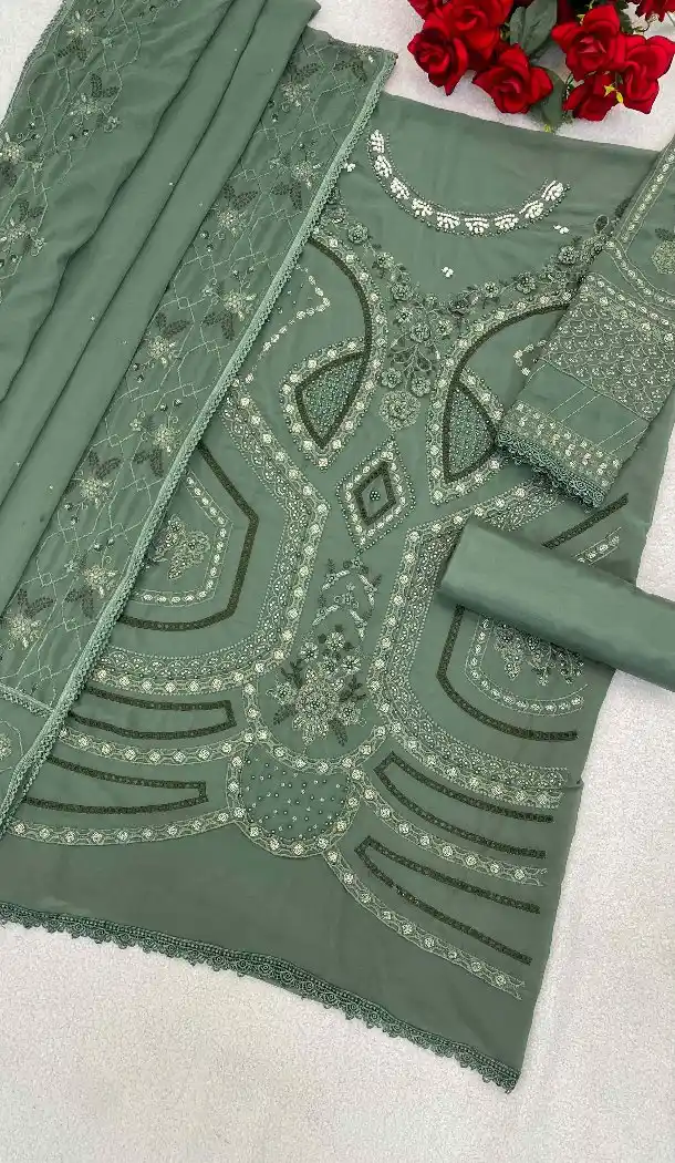 Dark Pista Georgette Pakistani Suit with Embroidery Work - 215839