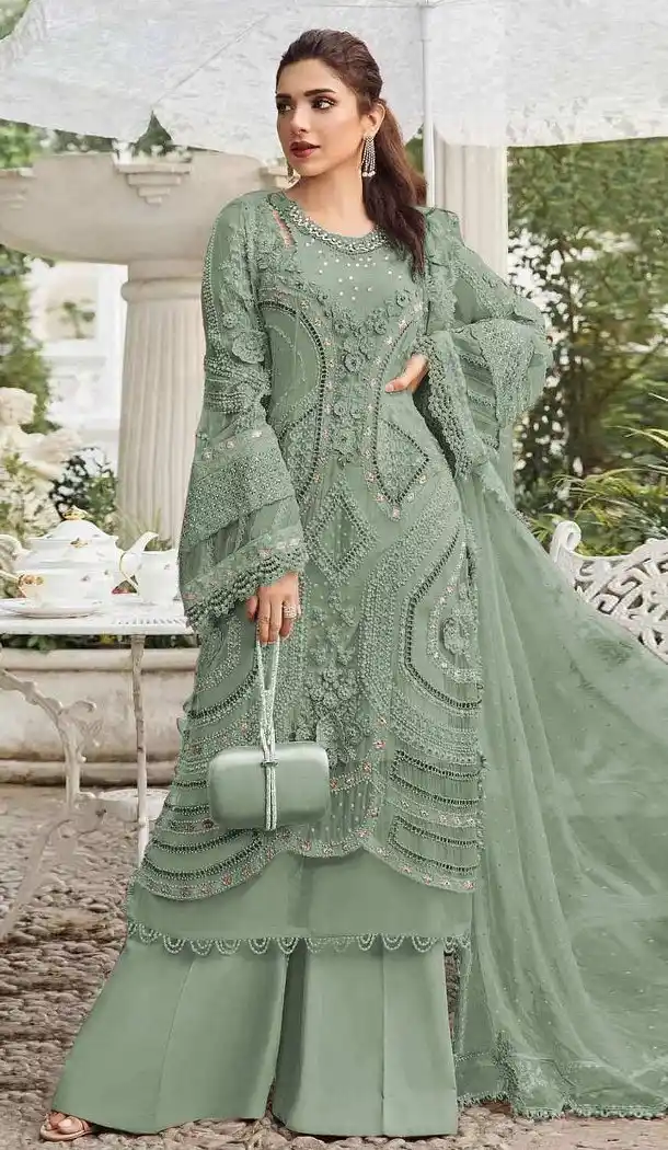 Dark Pista Georgette Pakistani Suit with Embroidery Work - 215839