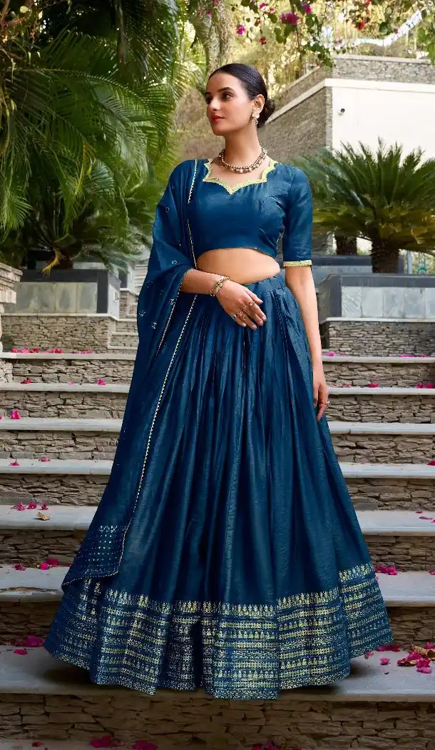 Navy Blue Pure Chanderi Lehenga Choli Zari Work - 215846