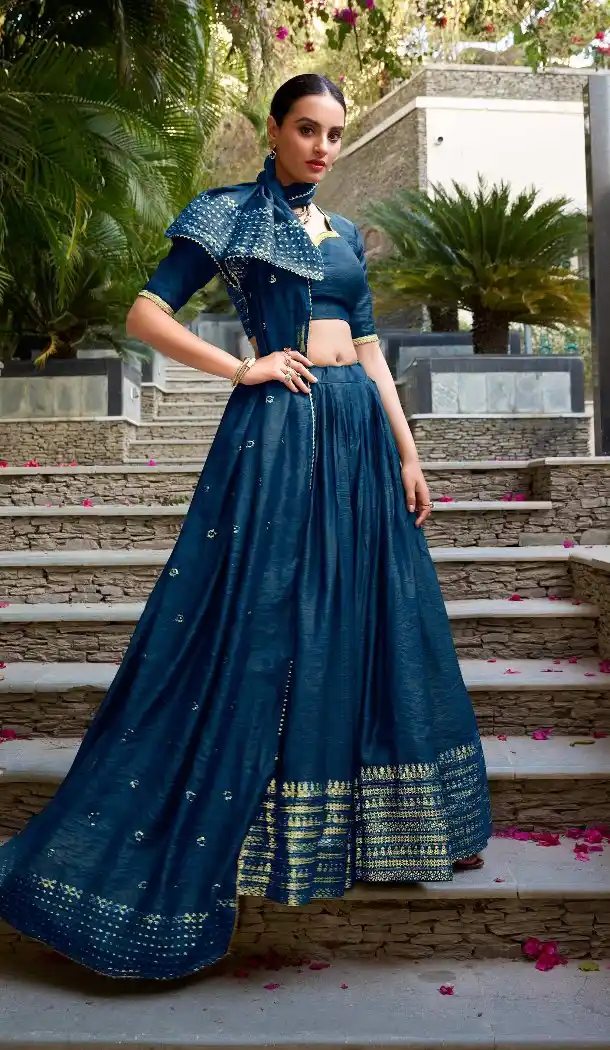 Navy Blue Pure Chanderi Lehenga Choli Zari Work - 215846