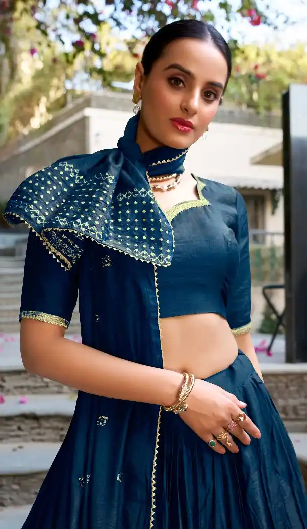 Navy Blue Pure Chanderi Lehenga Choli Zari Work - 215846