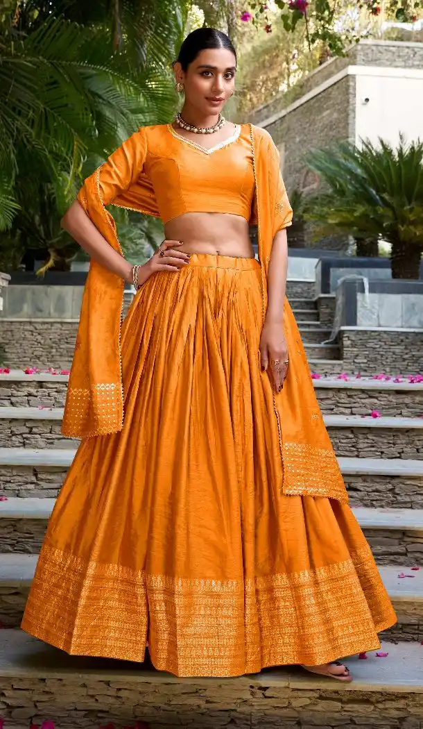 Orange Chanderi Lehenga Choli with Zari Weaving Work - 215847
