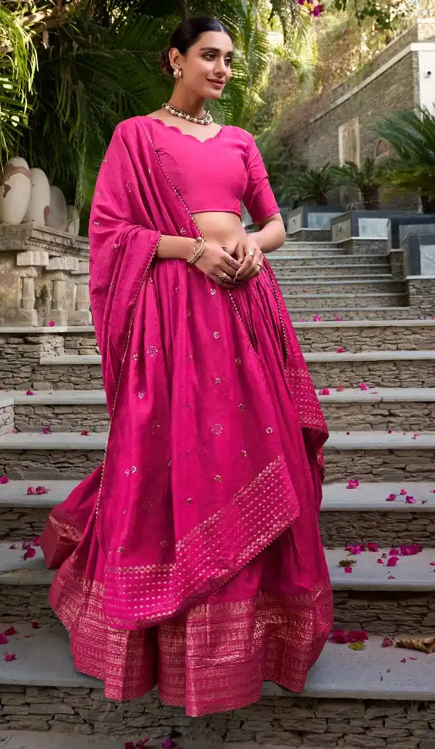 Pink Pure Chanderi Lehenga Zari Work Choli Set - 215848