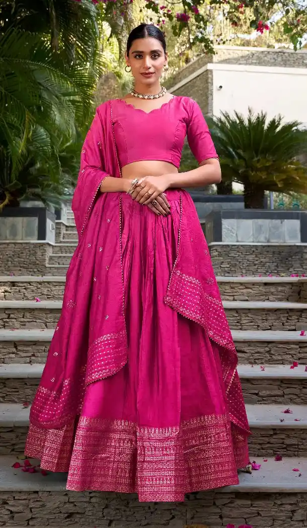 Pink Pure Chanderi Lehenga Zari Work Choli Set - 215848