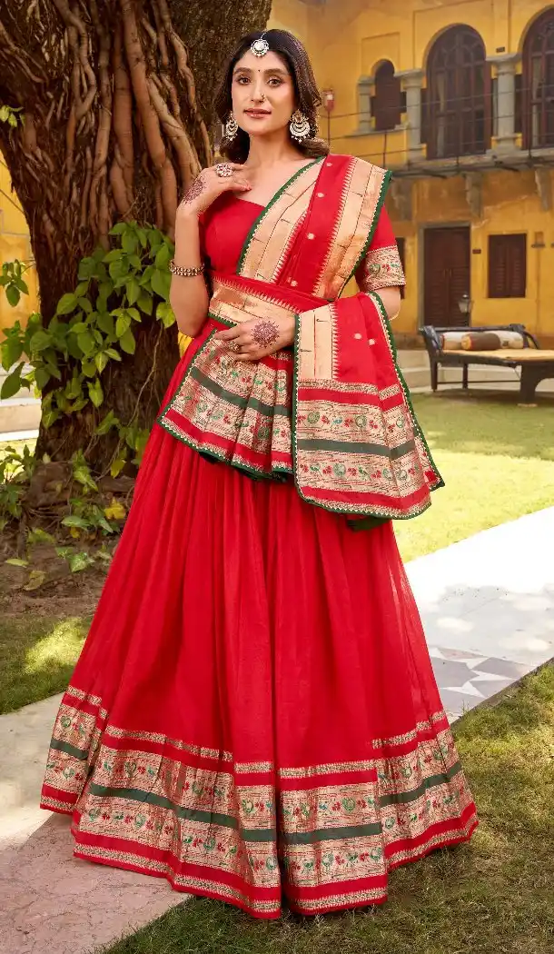 Red Chanderi Lehenga Choli with Zari Work - 216054