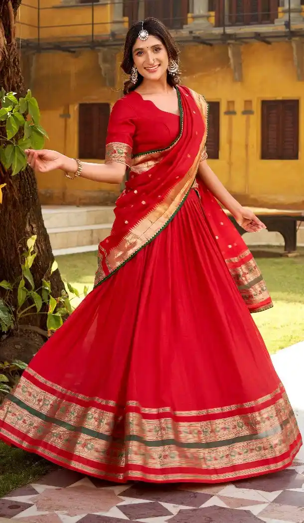 Red Chanderi Lehenga Choli with Zari Work - 216054