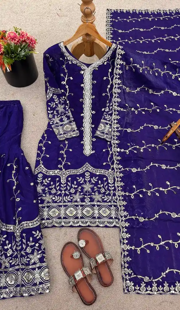 Blue Fendy Silk Palazzo Suit with Sequence Work – 216063