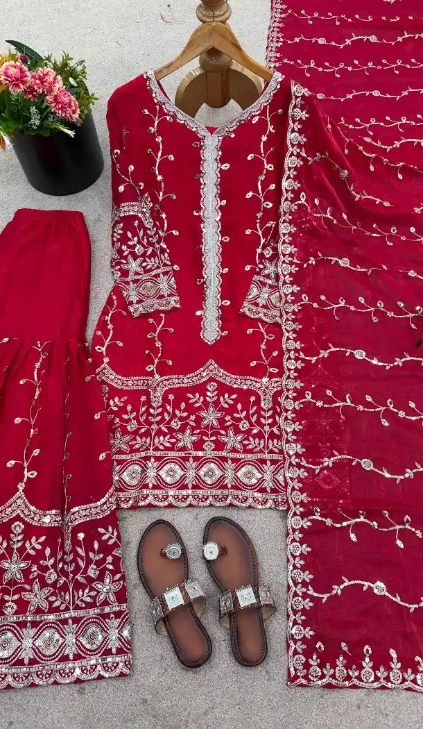 Pink Fendy Silk Palazzo Suit with Sequence Work – 216065