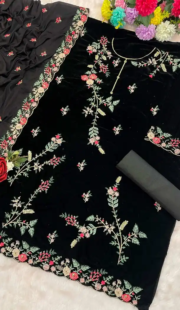 Black Velvet Pakistani Suit with Embroidery Work – 216075