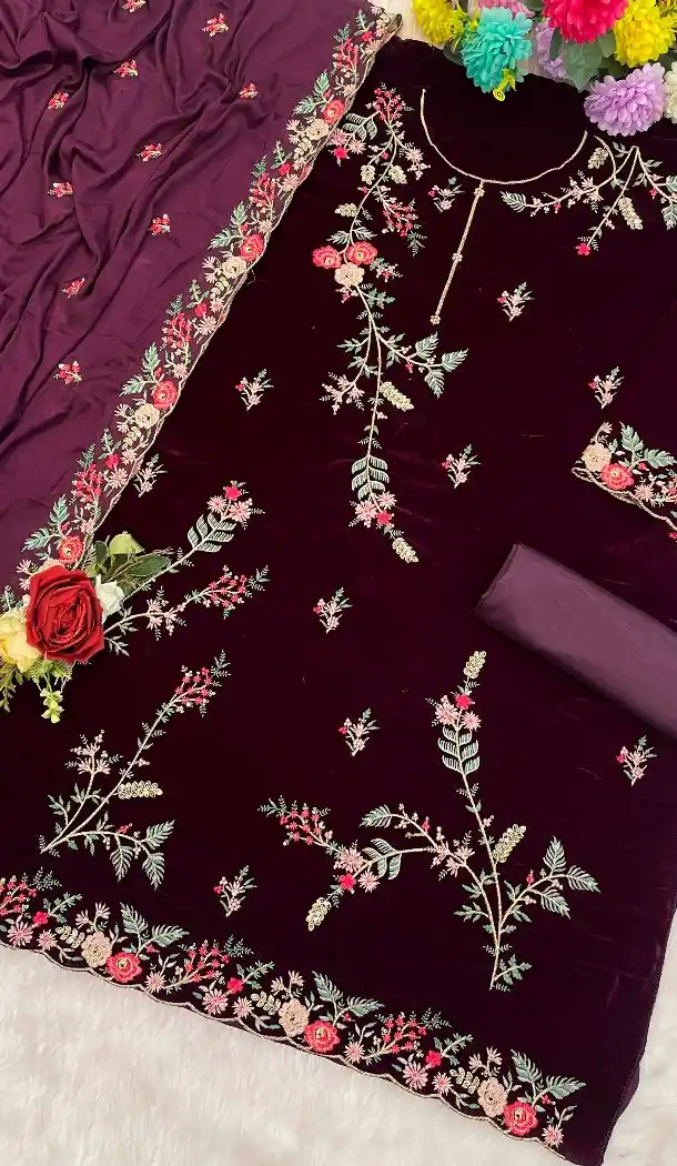 Purple Velvet Pakistani Suit with Embroidery Work – 216076