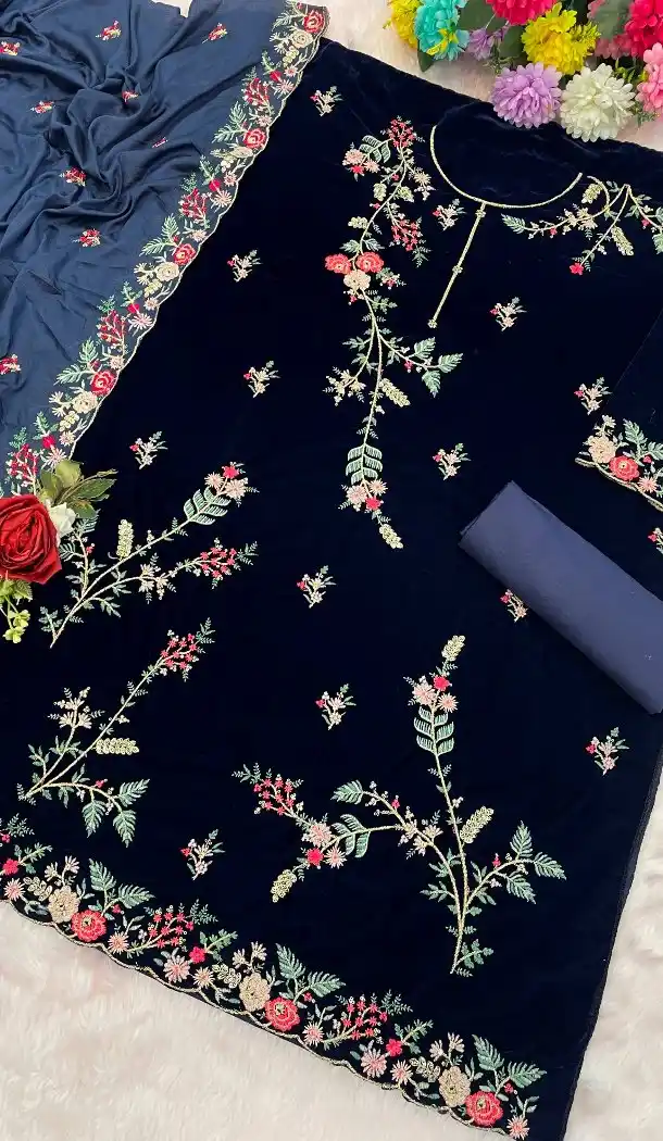 Navy Blue Velvet Pakistani Suit with Embroidery Work – 216077