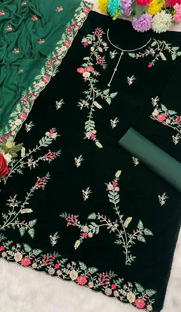 Green Velvet Pakistani Suit with Embroidery Work – 216078