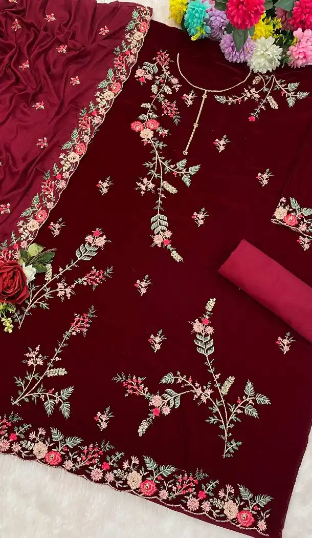 Red Velvet Pakistani Suit with Embroidery Work – 216079