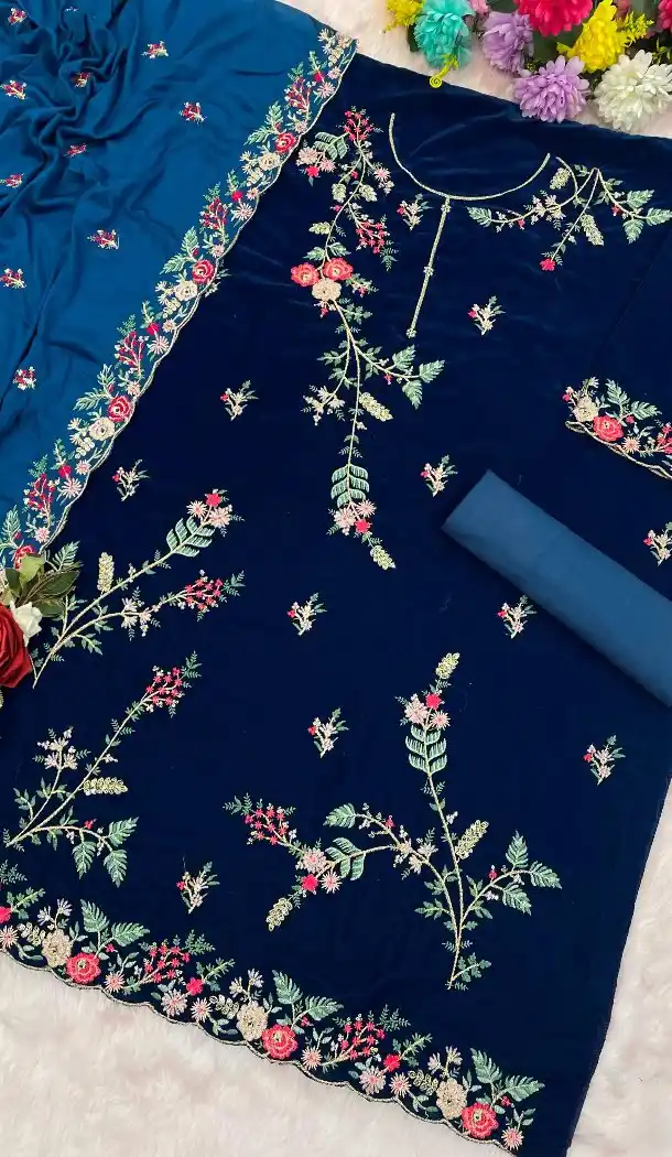 Teal Blue Velvet Pakistani Suit with Embroidery Work – 216080