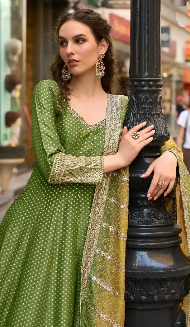 Pista Green Silk Jacquard Gown with Embroidery – 216113