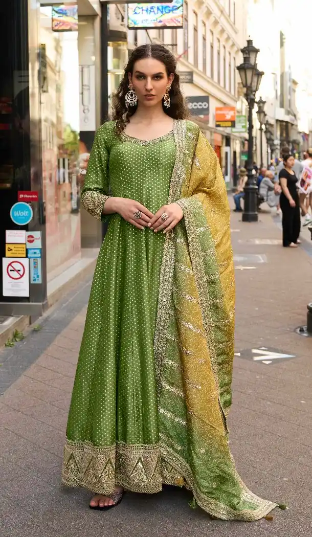 Pista Green Silk Jacquard Gown with Embroidery – 216113