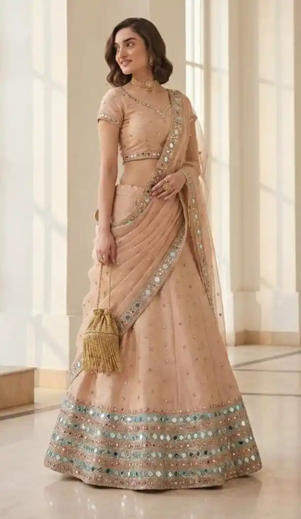 Peach Heavy Silk Mirror Work Lehenga Choli – 216117
