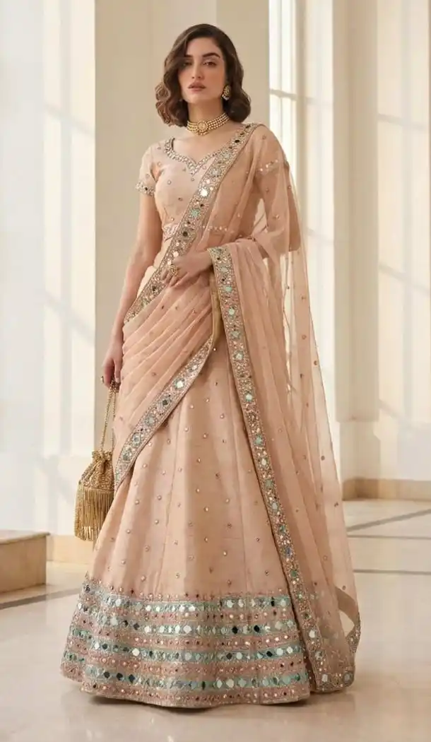 Peach Heavy Silk Mirror Work Lehenga Choli – 216117