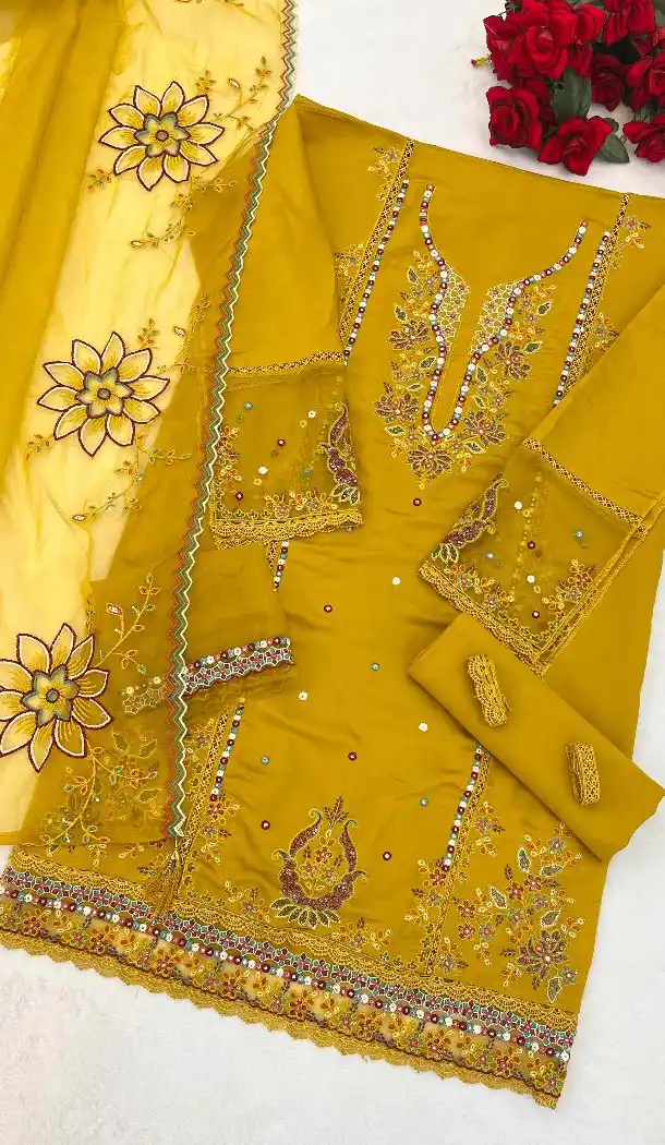 Yellow Cotton Pakistani Suit with Embroidery Work – 216170