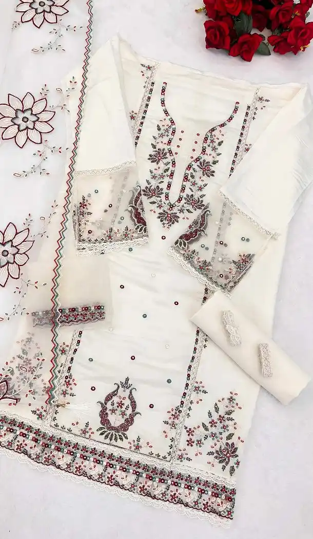 White Cotton Pakistani Suit with Embroidered Design – 216173