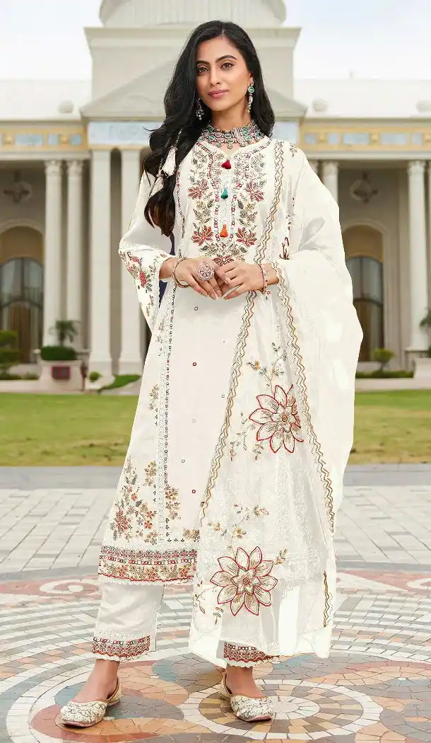 White Cotton Pakistani Suit with Embroidered Design – 216173