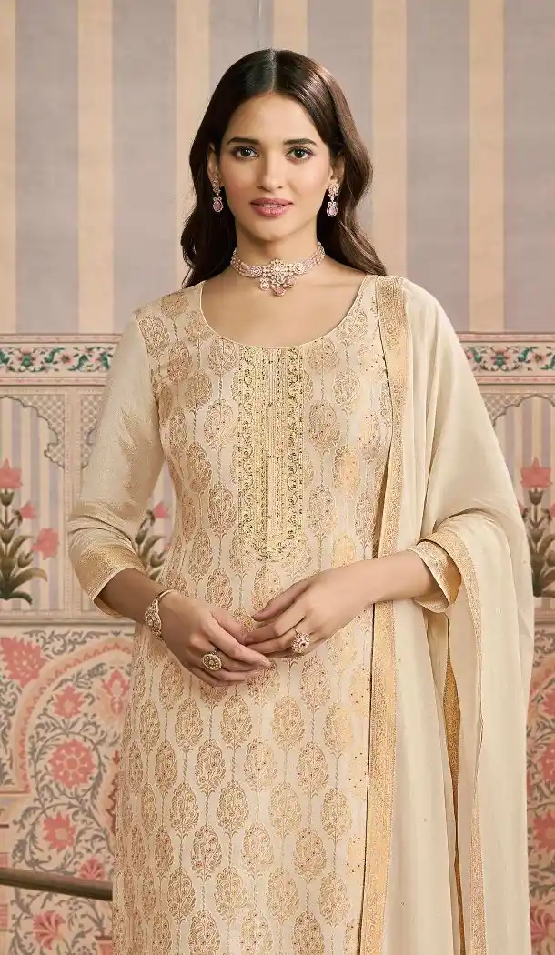 Viscose Pakistani Suit with Embroidery Work in White – 216222