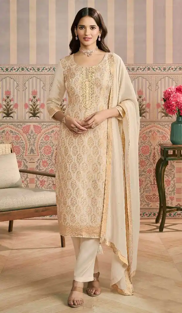 Viscose Pakistani Suit with Embroidery Work in White – 216222