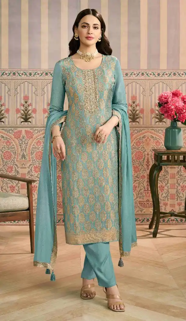 Sky Blue Pakistani Suit in Viscose with Embroidery – 216223