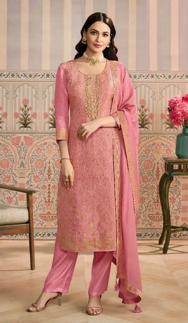 Peach Pakistani Suit with Viscose Embroidery Work – 216225