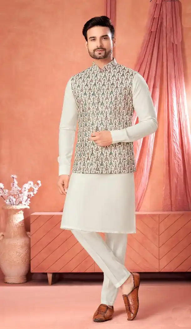 Men’s Cream Banarasi Silk Kurta Pajama – 216387